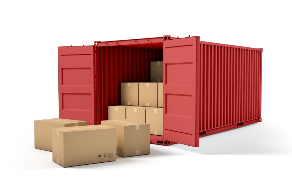 3d rendering of a red trailer partially uploaded with cardboard boxes on a white background